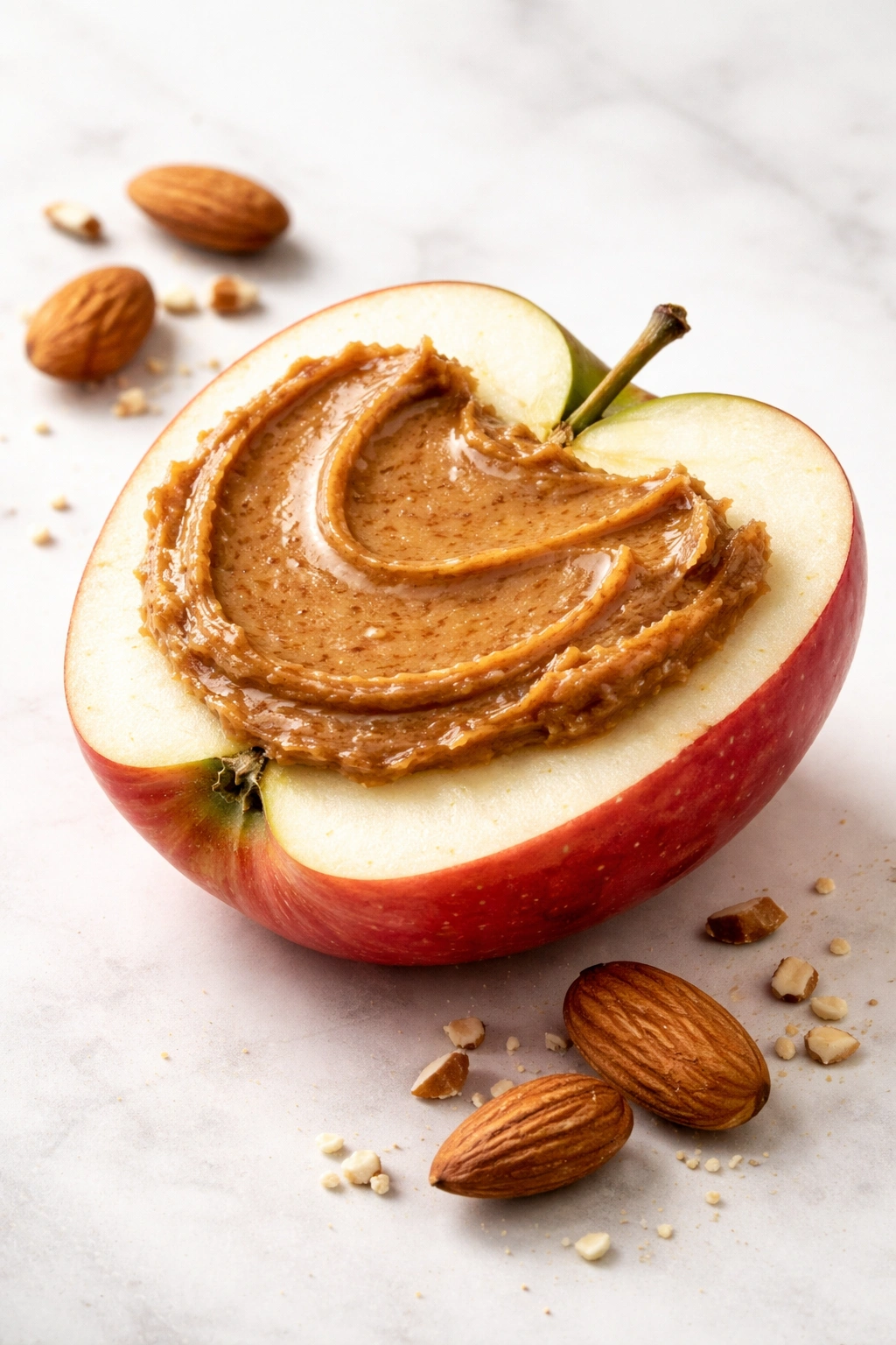 Apple half with almond butter spread on cut surface