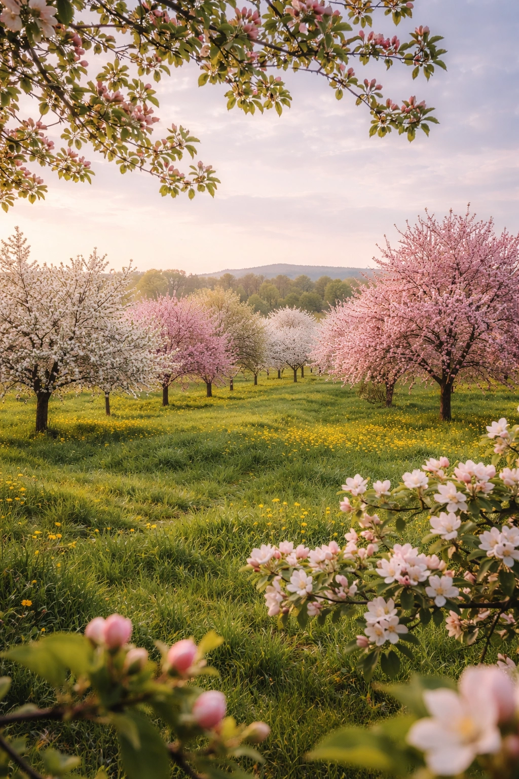 Apple orchard in spring with trees in bloom at different stages