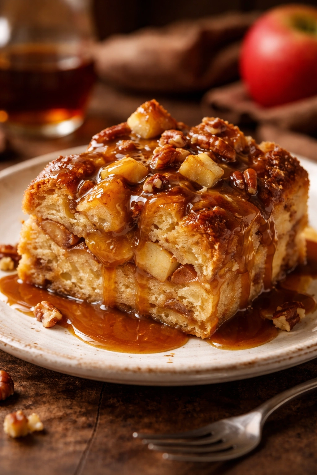 Warm apple bread pudding slice with caramel drizzle on a plate