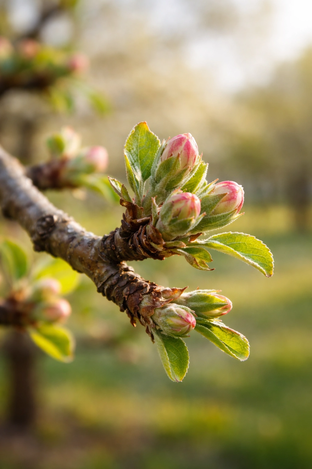 Close-up of swelling apple buds starting to open in early spring.