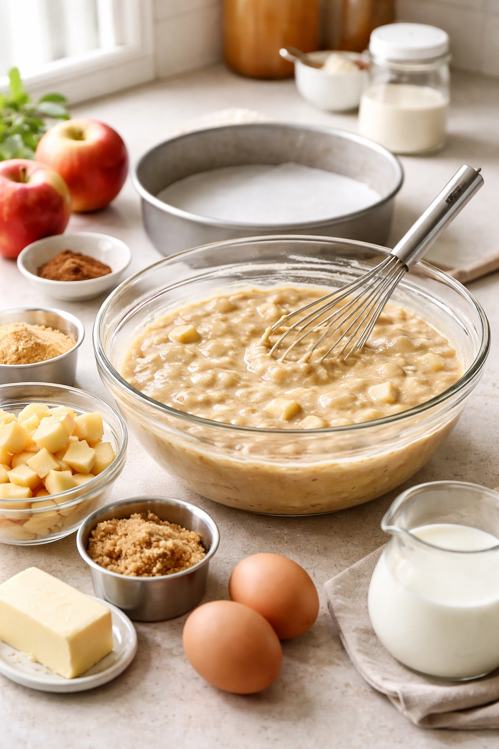 Baking setup with batter, whisk, and prepared pan for apple cake