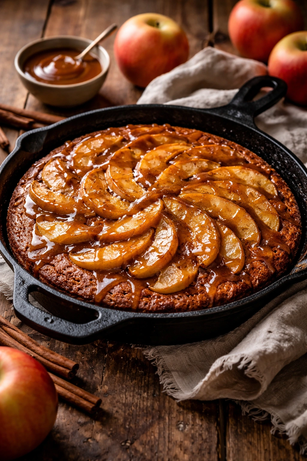 Skillet apple cake with caramel drizzle in a cast-iron skillet