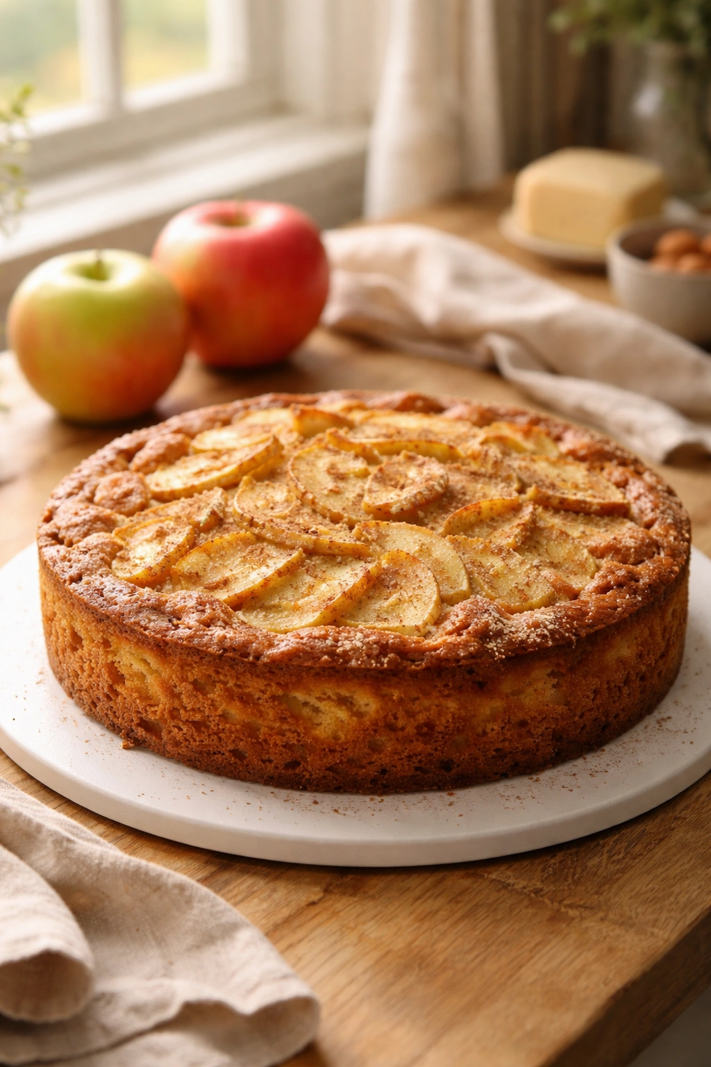 Elegant apple cake on a cake board with natural light.