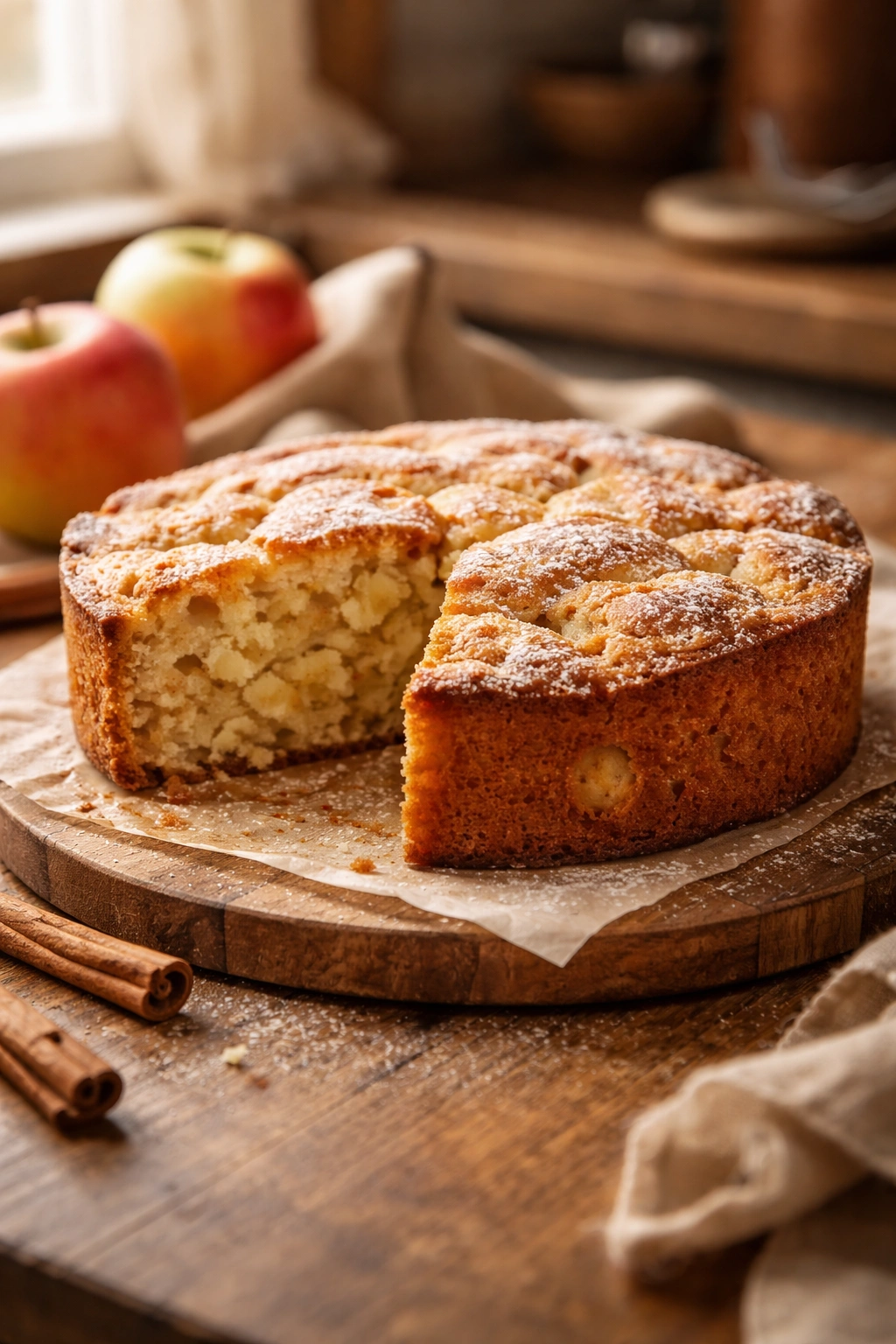 Homemade apple cake on a wooden board with visible crumb and apples