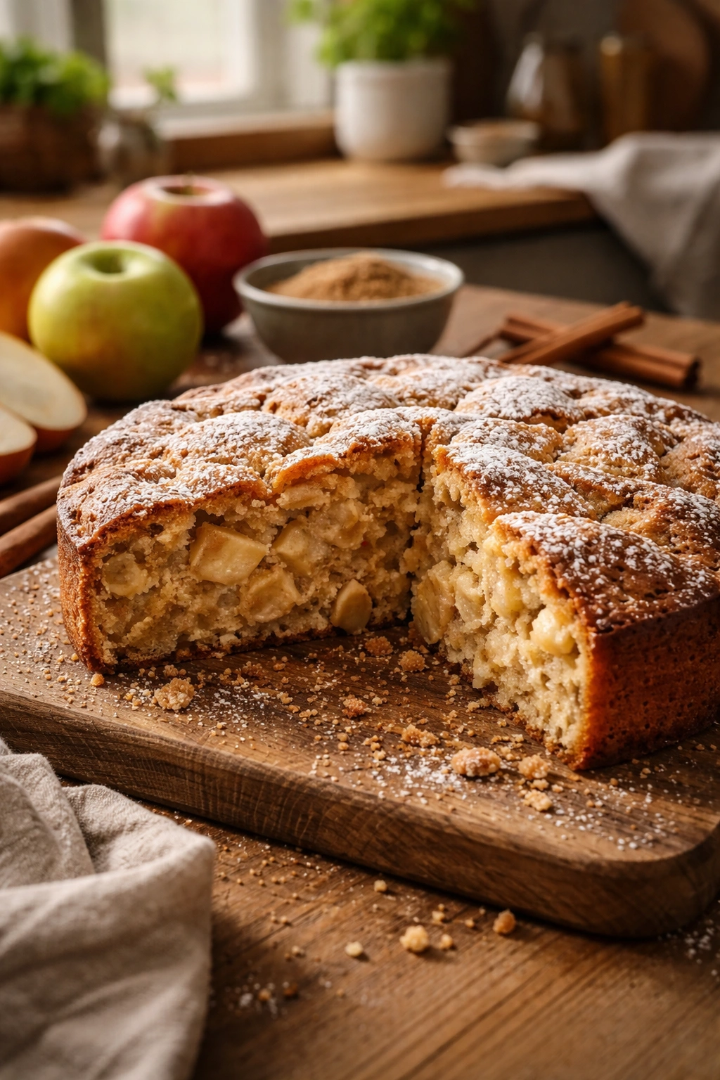 Close-up of an apple cake with a dense center and uneven crumb texture.