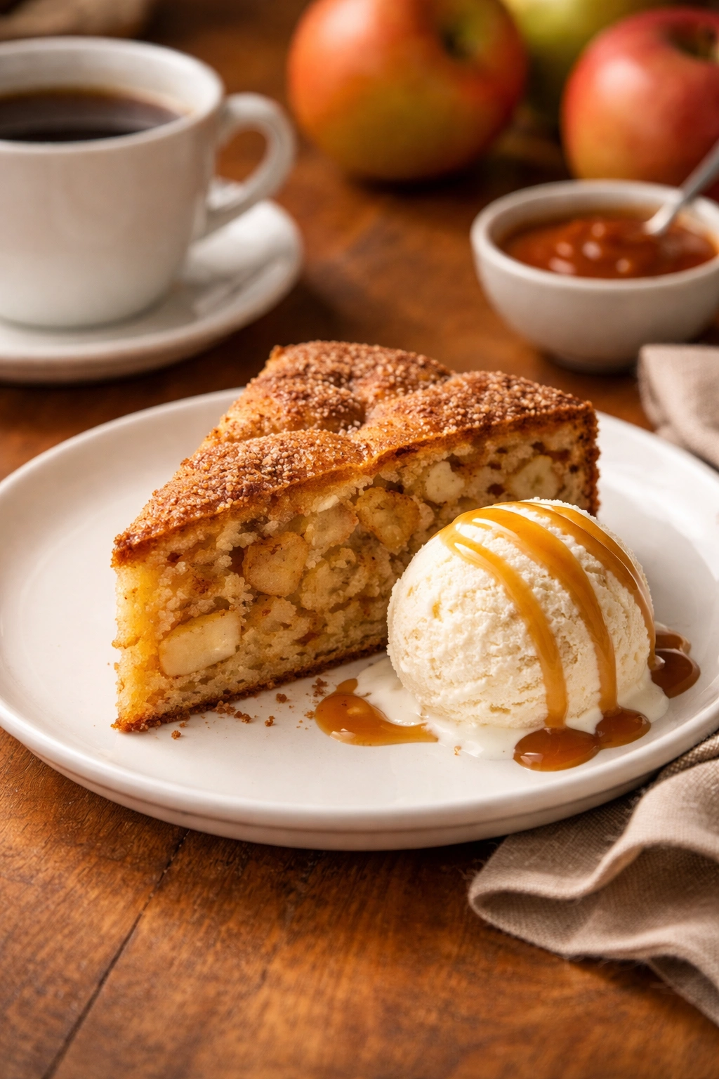 Slice of apple cake with vanilla ice cream on a plate.