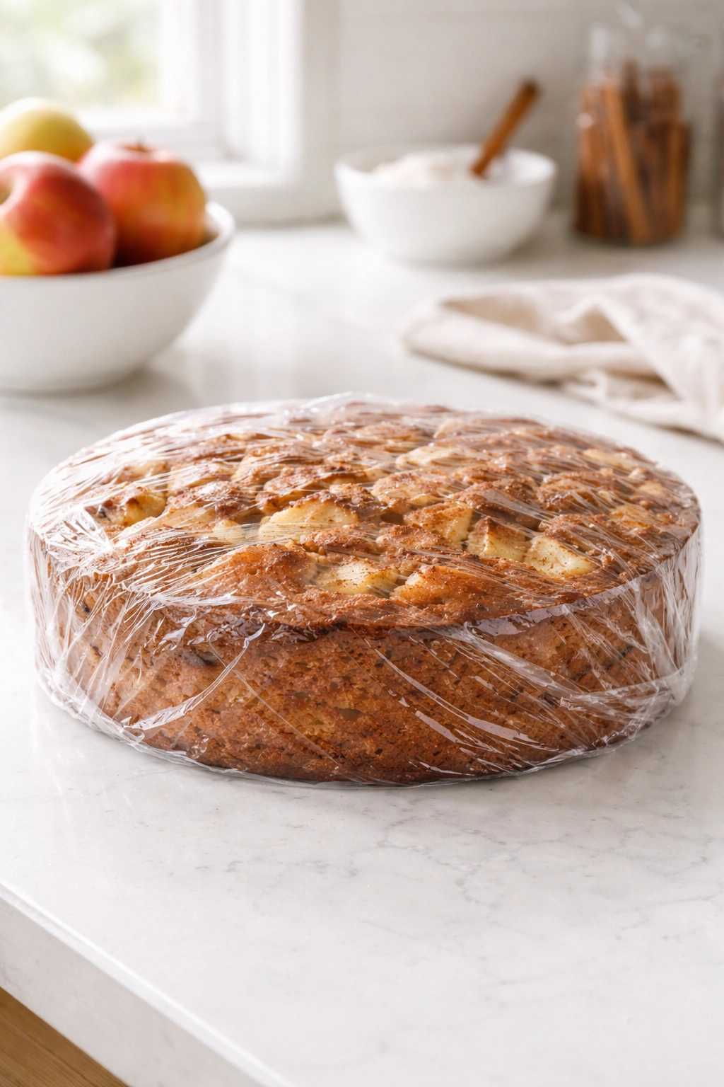 Apple cake tightly wrapped for storage.