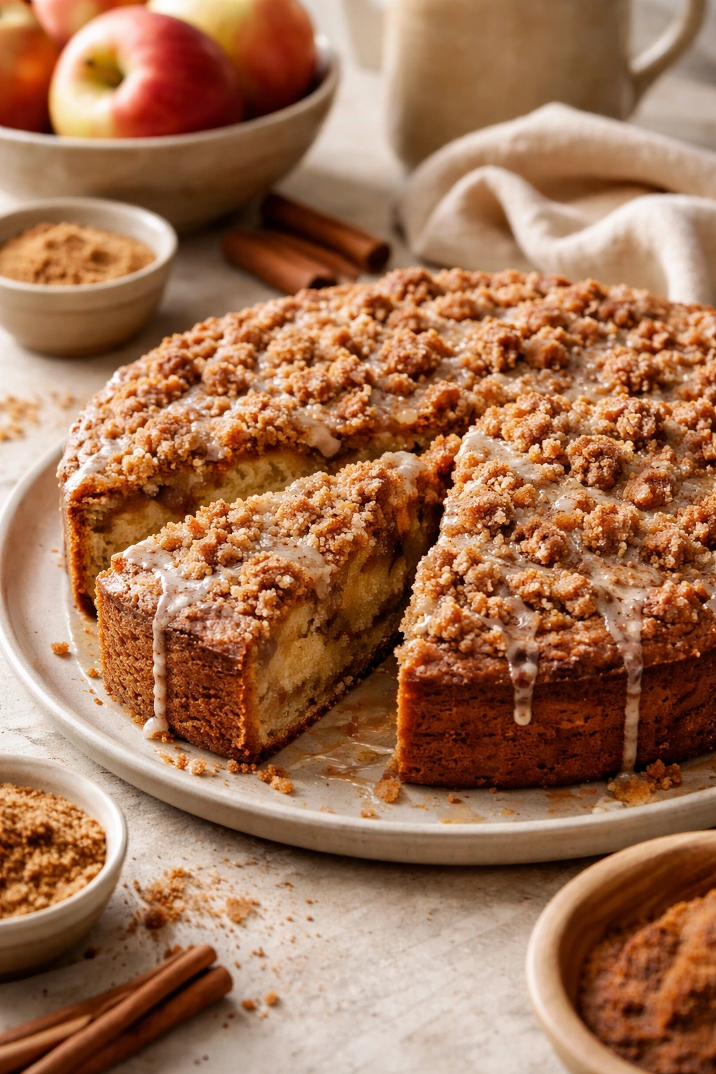 Apple cake with golden cinnamon streusel topping.