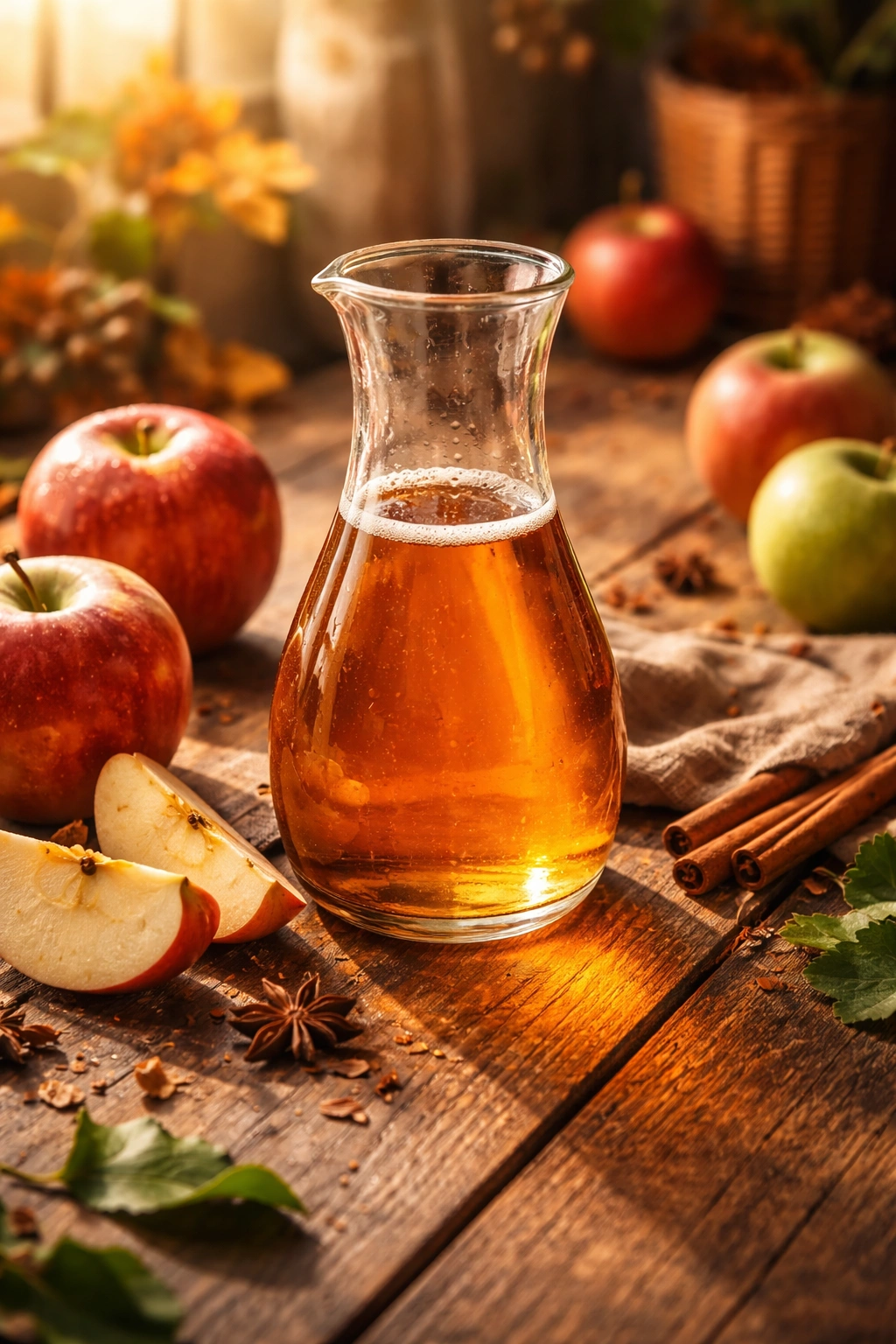 Amber apple cider in a glass carafe with fresh apples nearby.