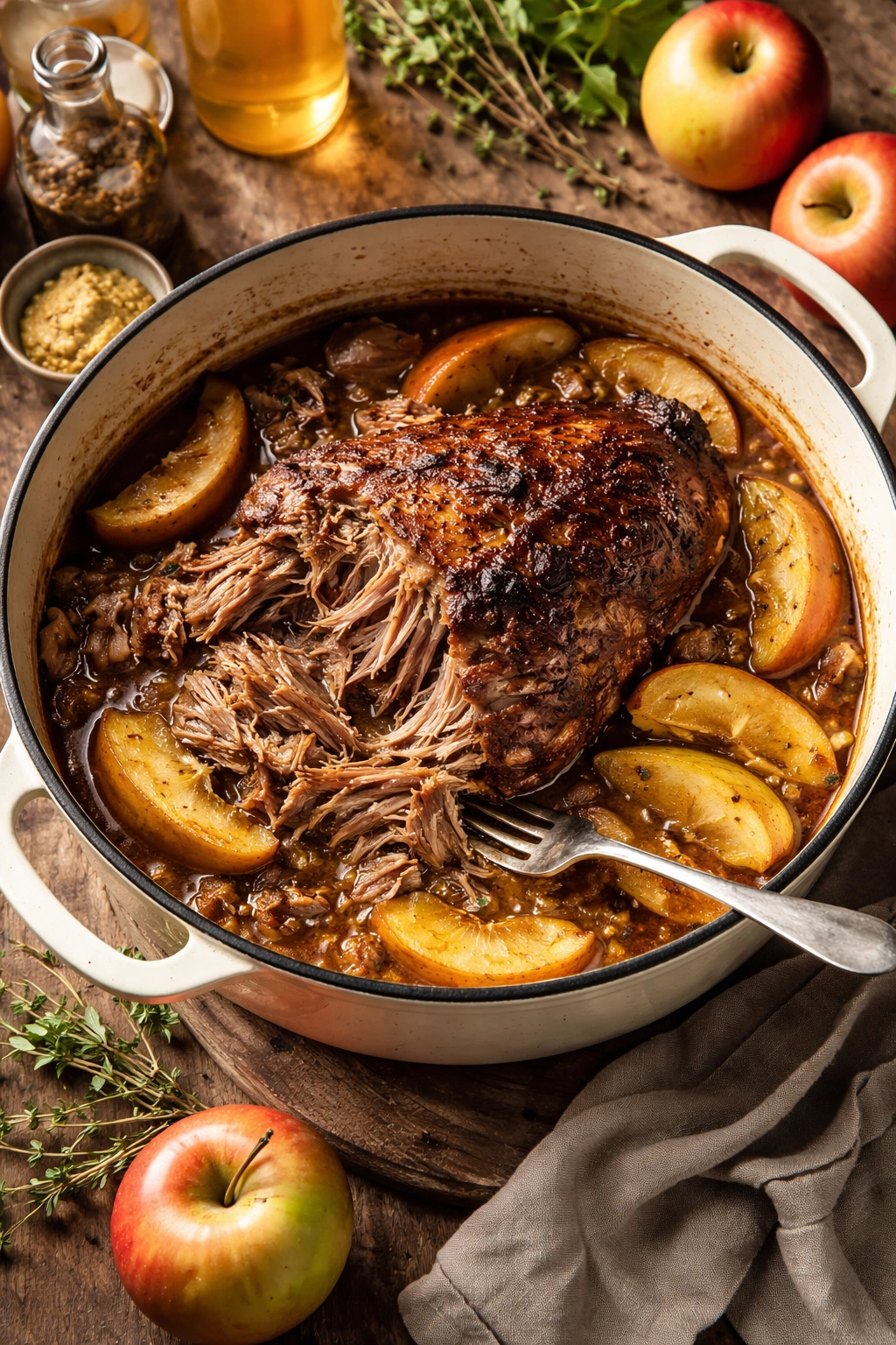 Braised pork shoulder with apple slices in a Dutch oven