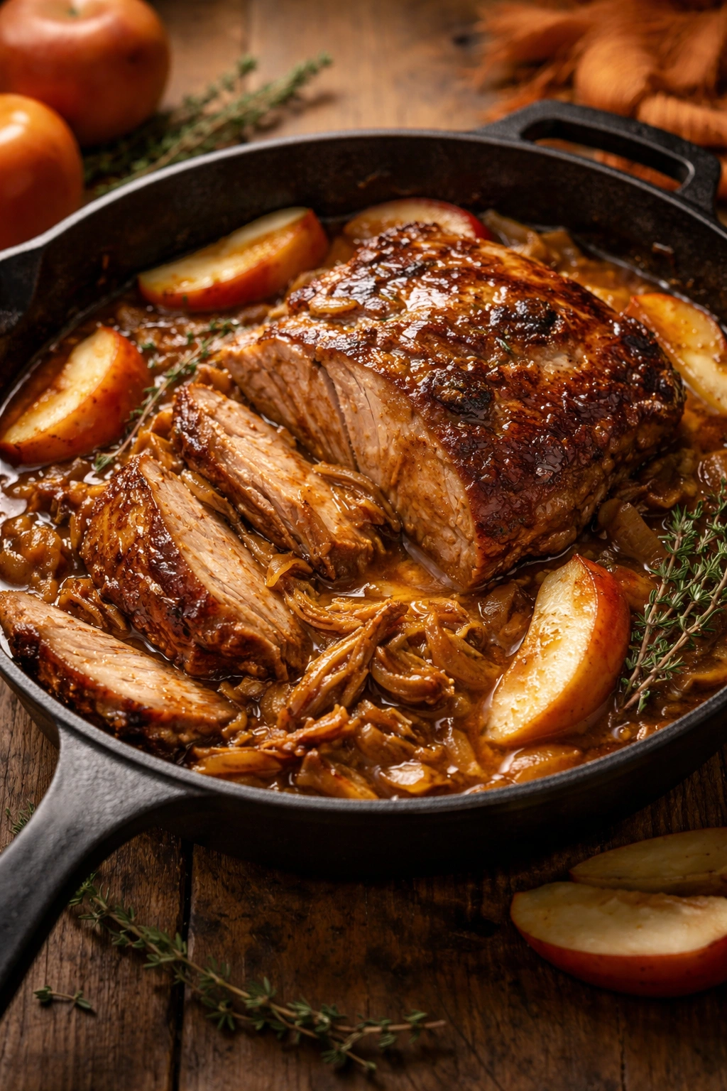 Close-up of apple cider braised pork shoulder in glossy sauce with apples and thyme.