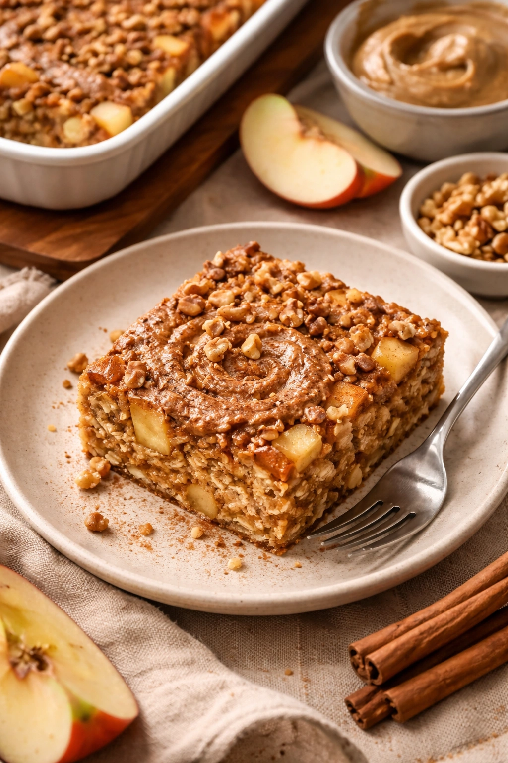 Apple cinnamon baked oatmeal slice with walnut butter swirl on plate