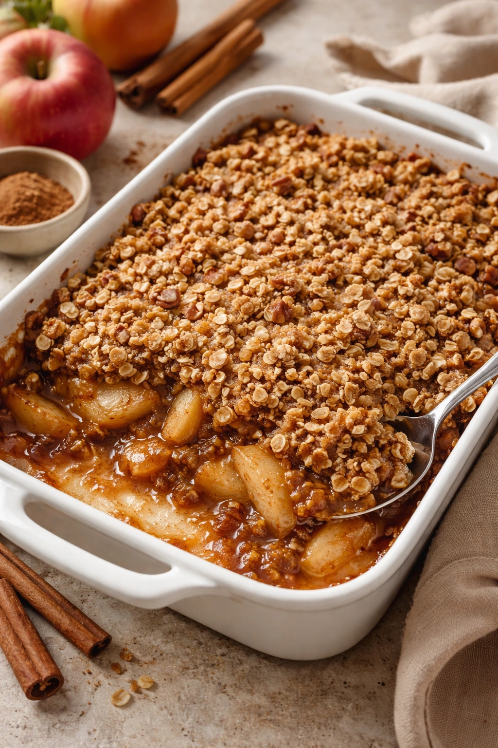 Close-up of Apple Cinnamon Dump Cake with Streusel Topping on a baking dish featuring golden crumb