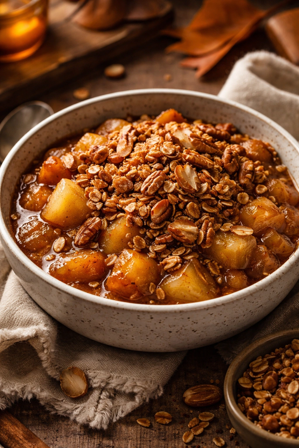 Apple compote with toasted almond granola topping in a bowl