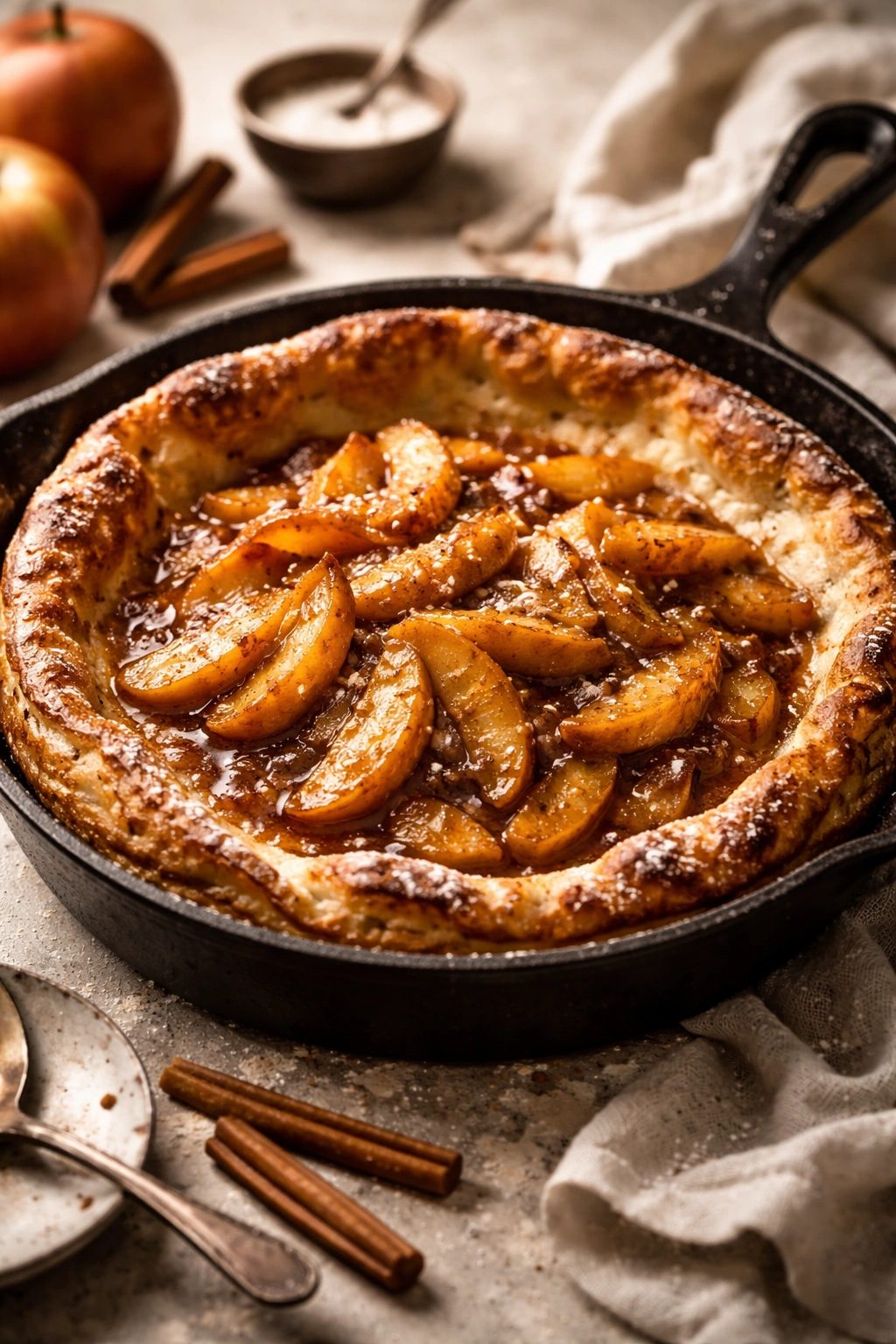 Dutch baby pancake with caramelized apples on a plate