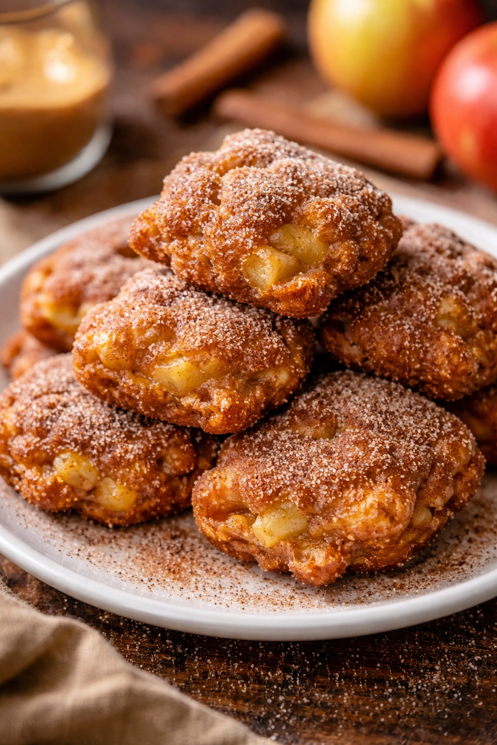 Close-up of golden apple-filled beignets on a white plate dusted with cinnamon sugar