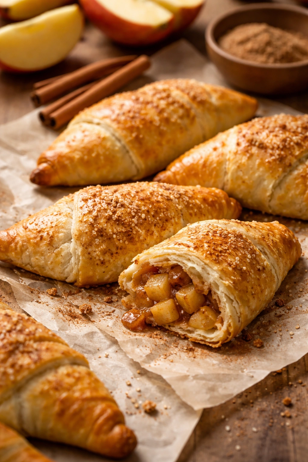 Apple cinnamon hand pies on parchment with golden crust