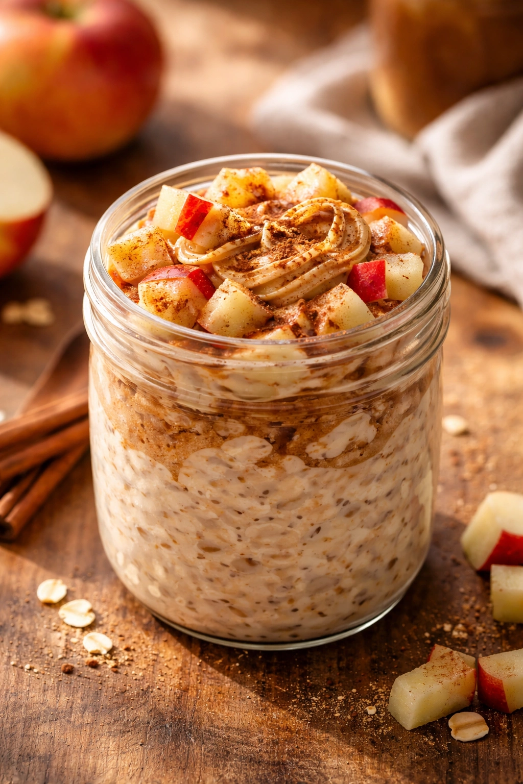Overnight oats in a jar with apple pieces and almond butter swirl, warm cinnamon dusting