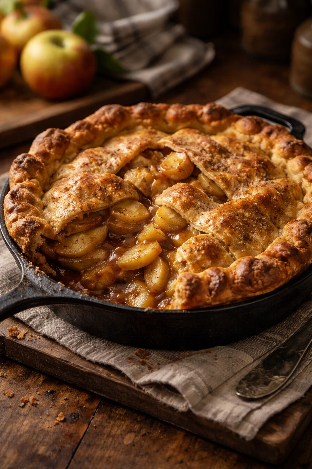 Deep-dish apple pie in a cast-iron dish with browned butter crust