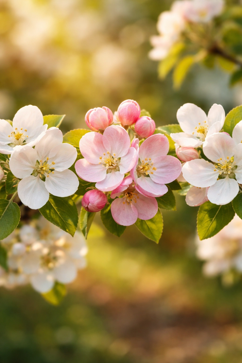 Three apple blossoms tinted to hint at diploid, triploid, and self-fertile varieties, no text