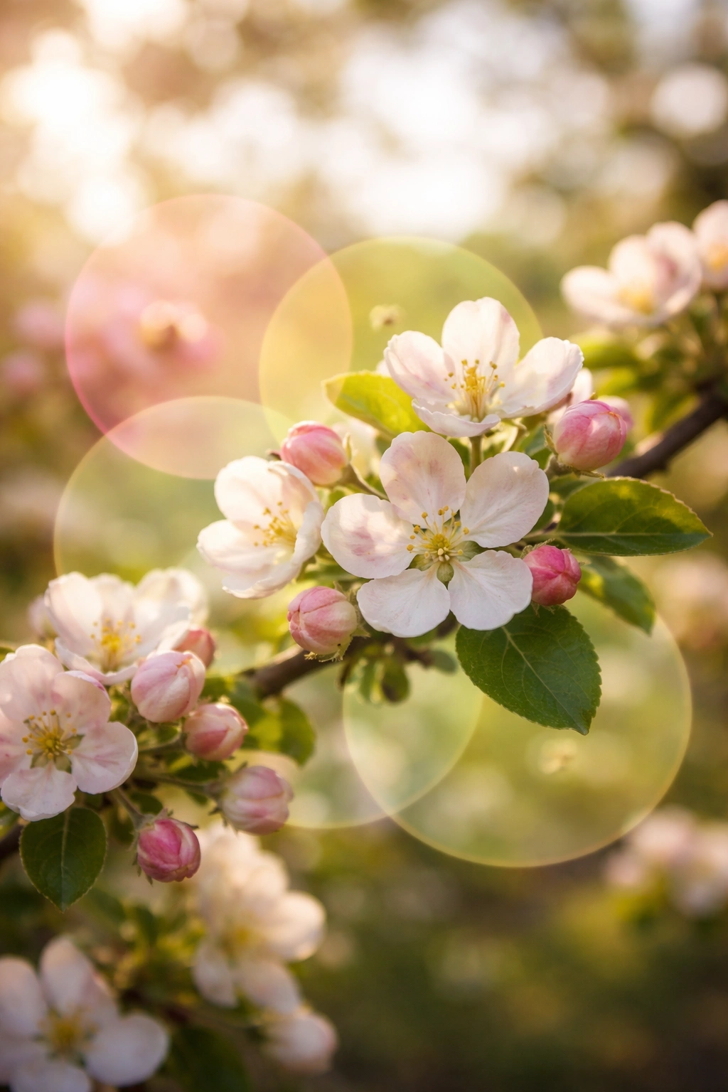 Apple blossoms with color overlays suggesting pollination groups, no text