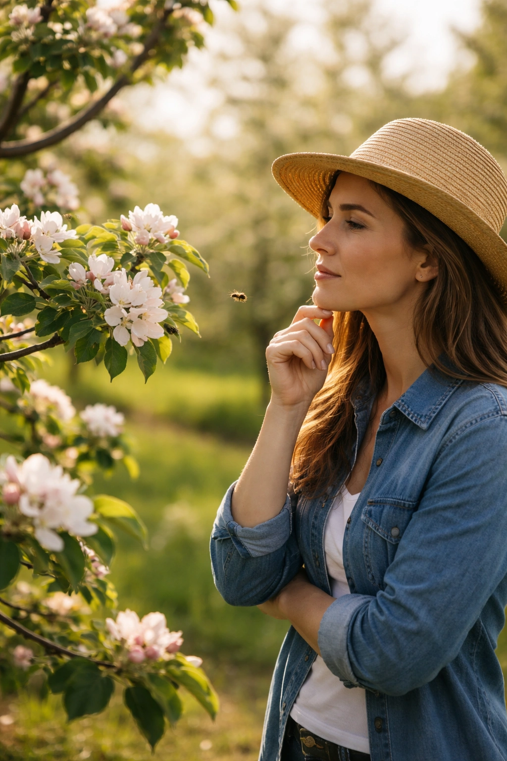 Person in an orchard thinking about pollination among blossoms and bees