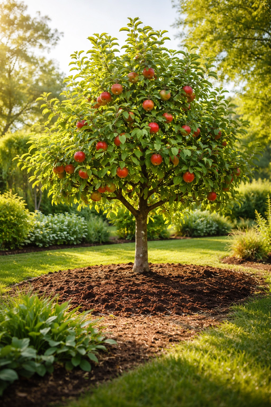 Healthy apple tree in a garden under bright sunlight