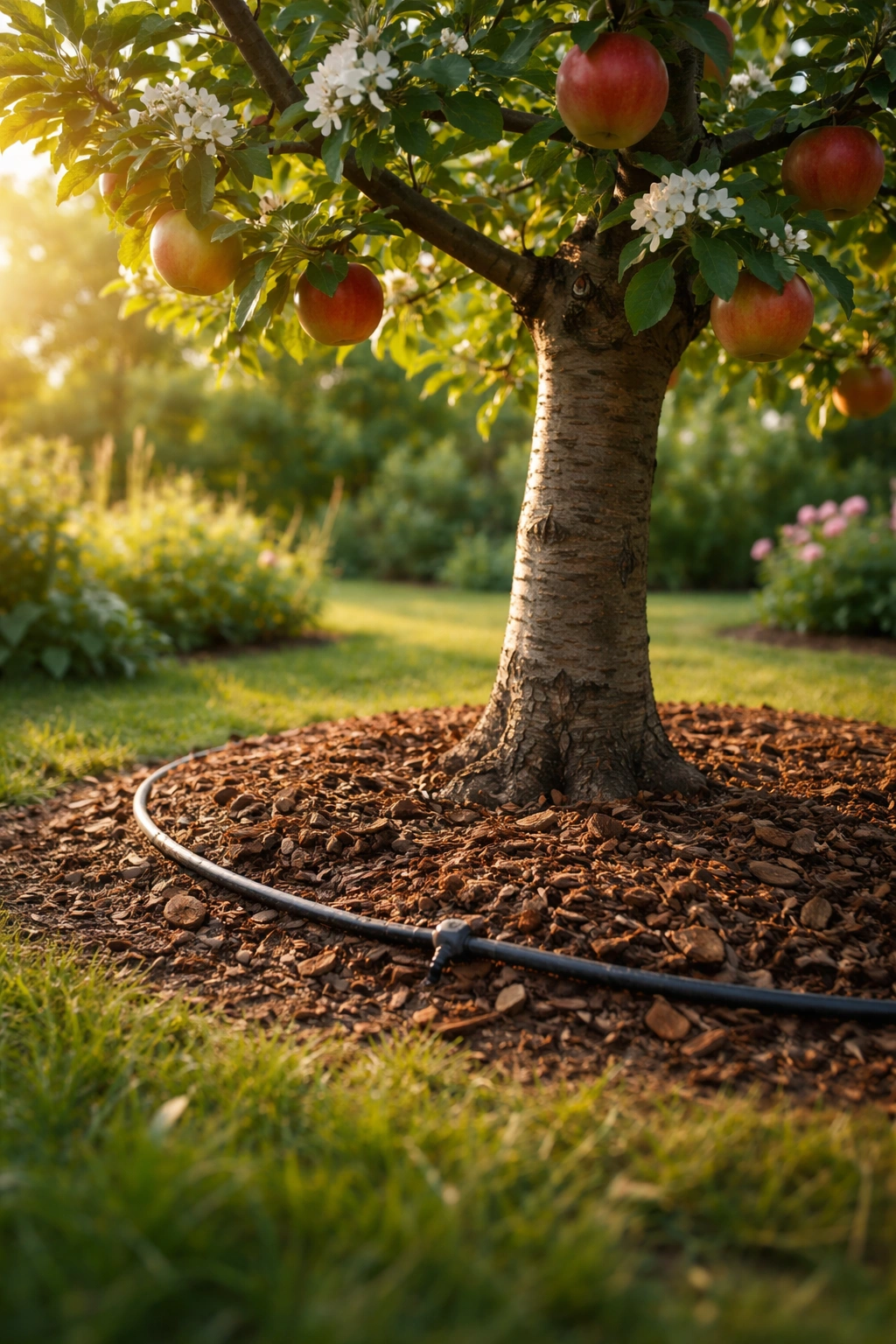 Apple tree in a garden with mulch and drip irrigation showing essential watering and fertilization care