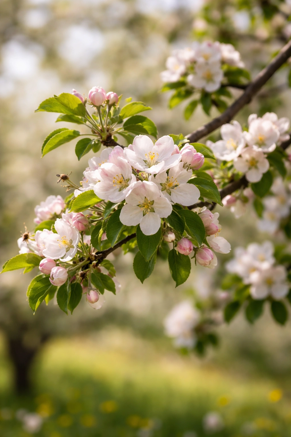 Close-up of an apple tree branch with blossoms, illustrating pollination needs.