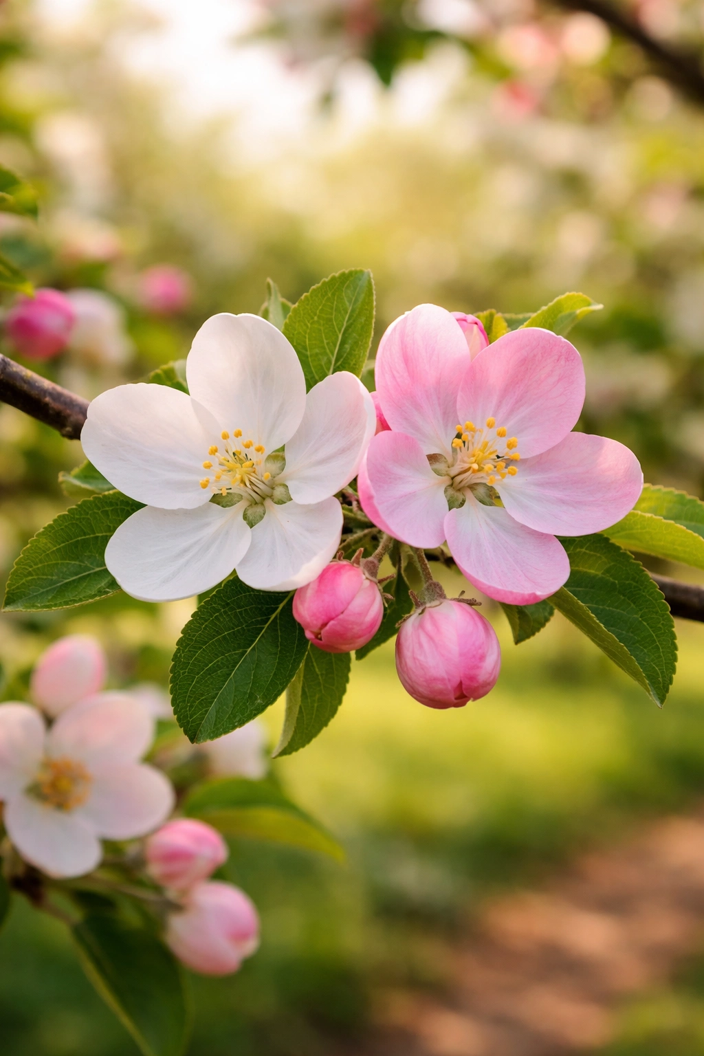 Two apple blossoms of different varieties overlapping on a branch in an orchard