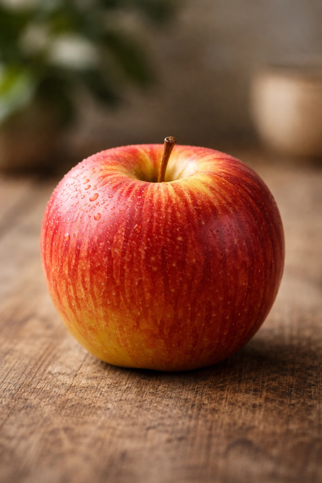Close-up of a glossy red apple on a neutral wooden surface