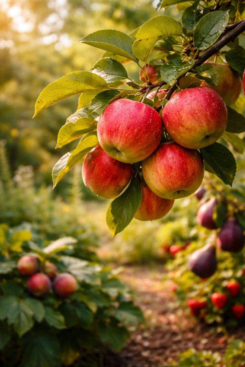 Close-up of ripe apples on a branch in a garden setting.
