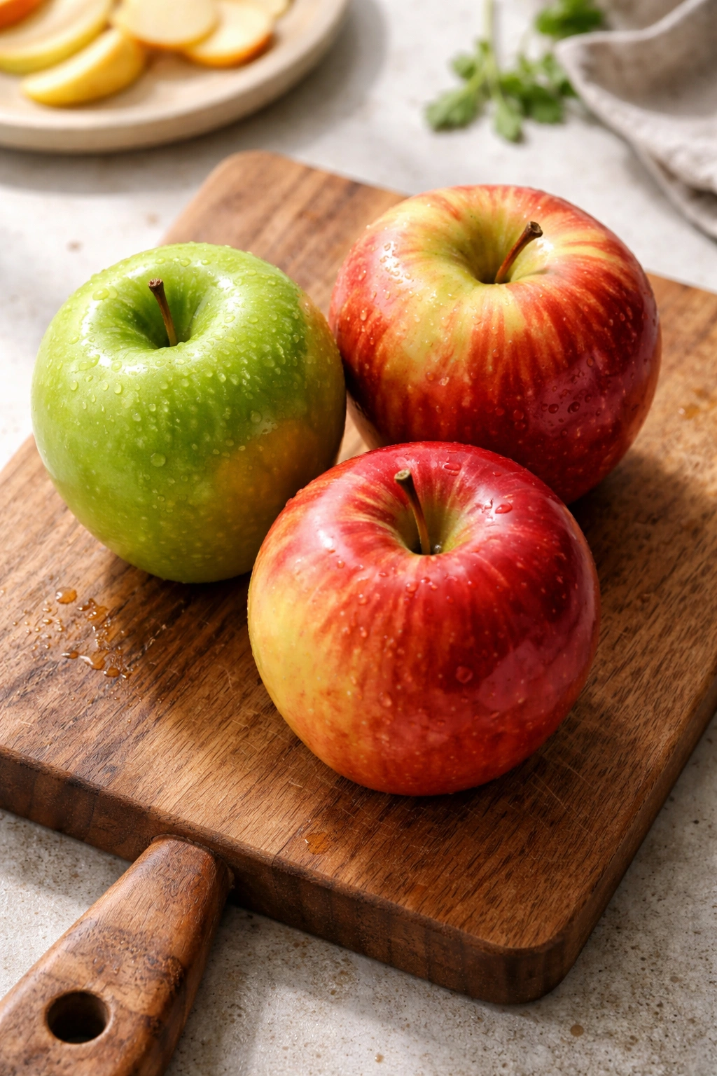 Three apples on wood board: Granny Smith, Honeycrisp, Braeburn