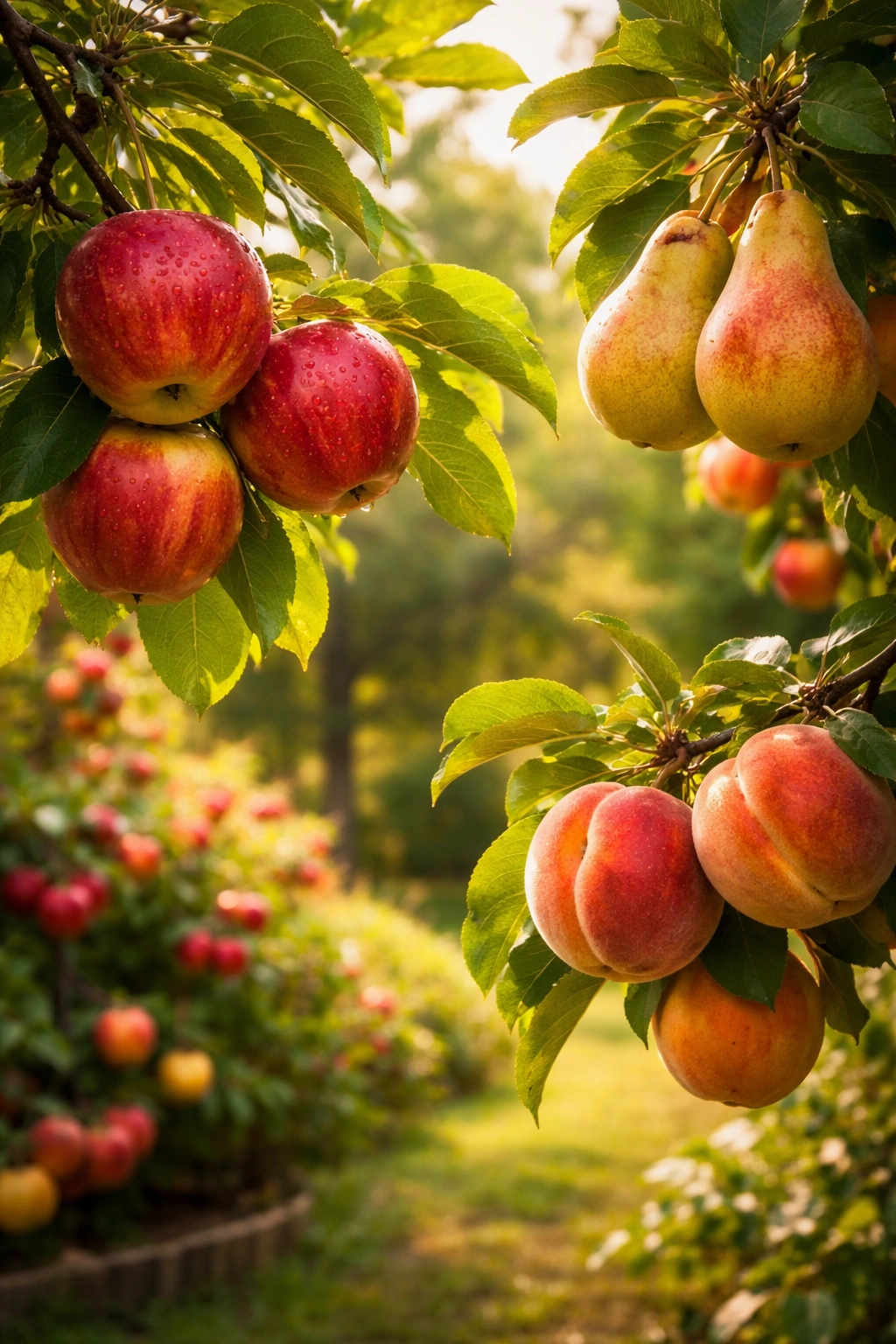Close-up of apples, pears, and peaches on a branch in a garden