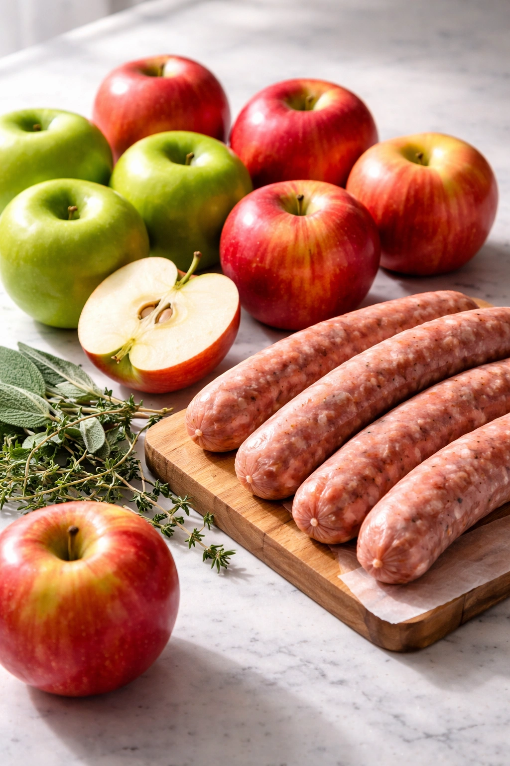 Apples and raw sausage links arranged on a surface for pairing in stuffing