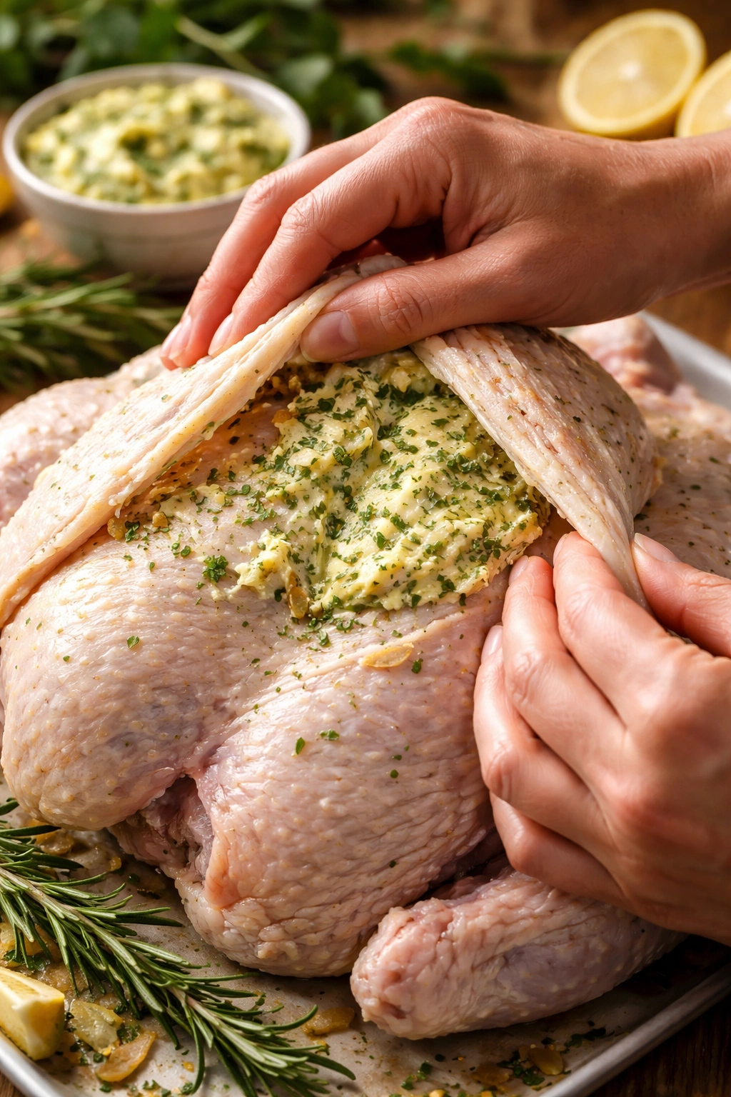 Hands applying herb butter under the turkey skin before roasting