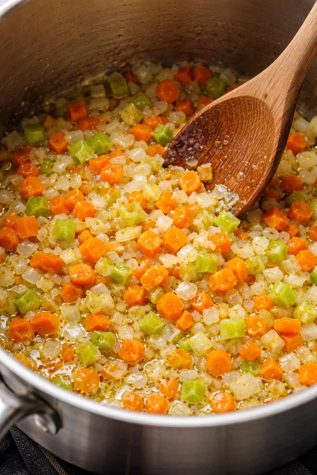 Aromatics being sautéed in oil and butter to build the soup base