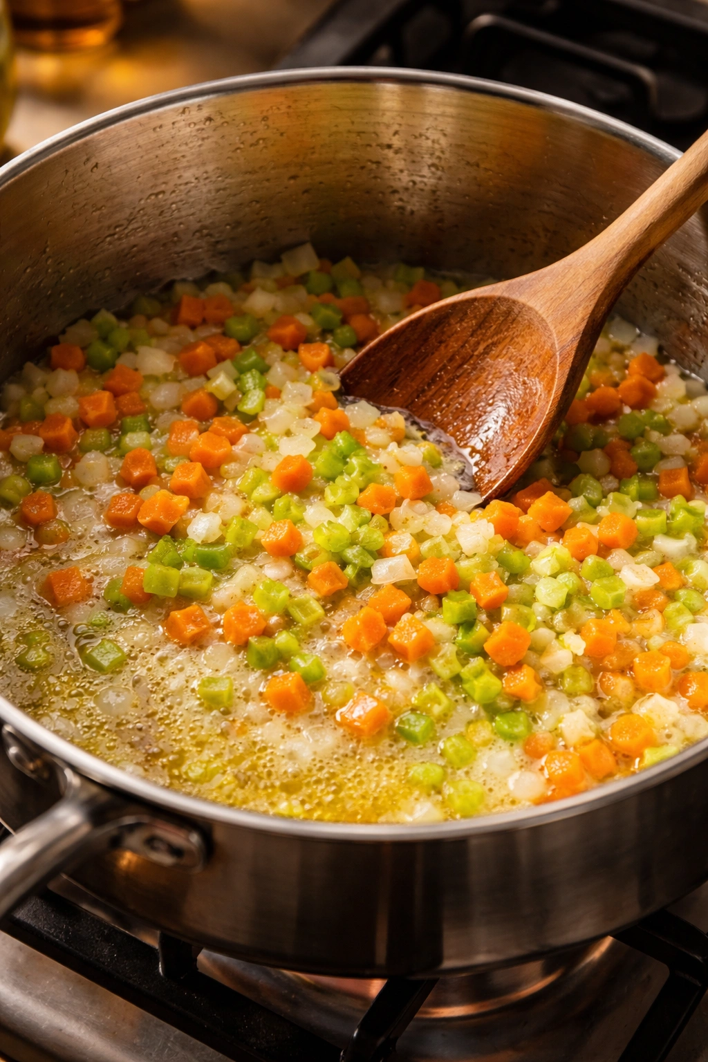 Close-up of aromatic base ingredients (onion, carrot, celery) sautéing in oil and butter in a pot