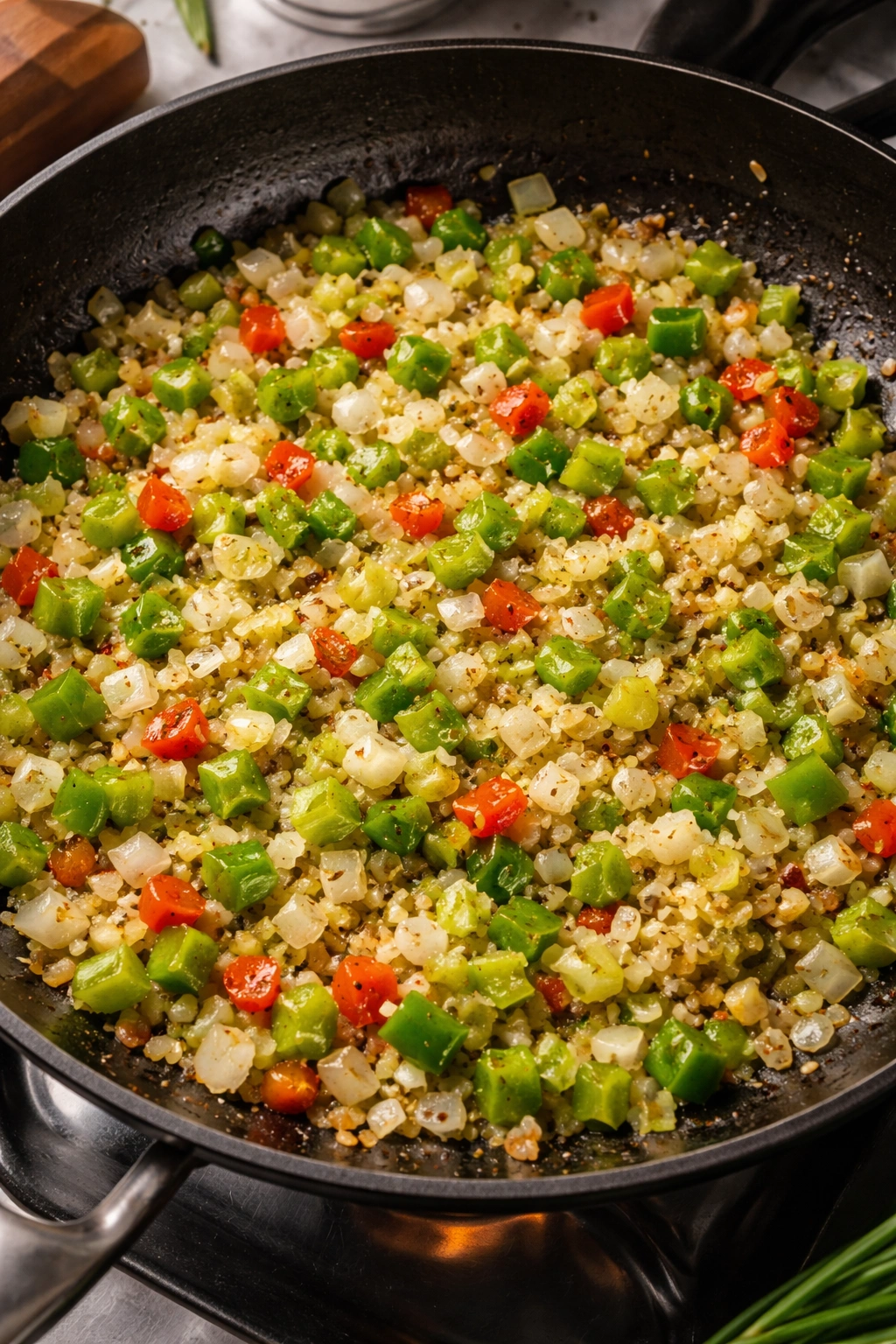 Diced onion, bell pepper, celery, and garlic sautéing to form the aromatic base