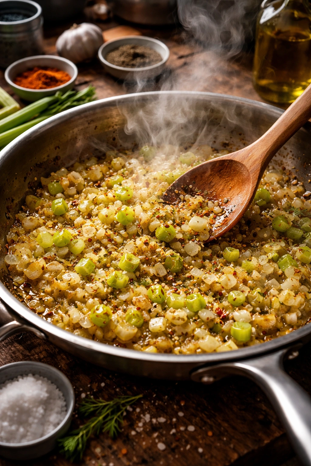Aromatics sautéing in a pan with steam