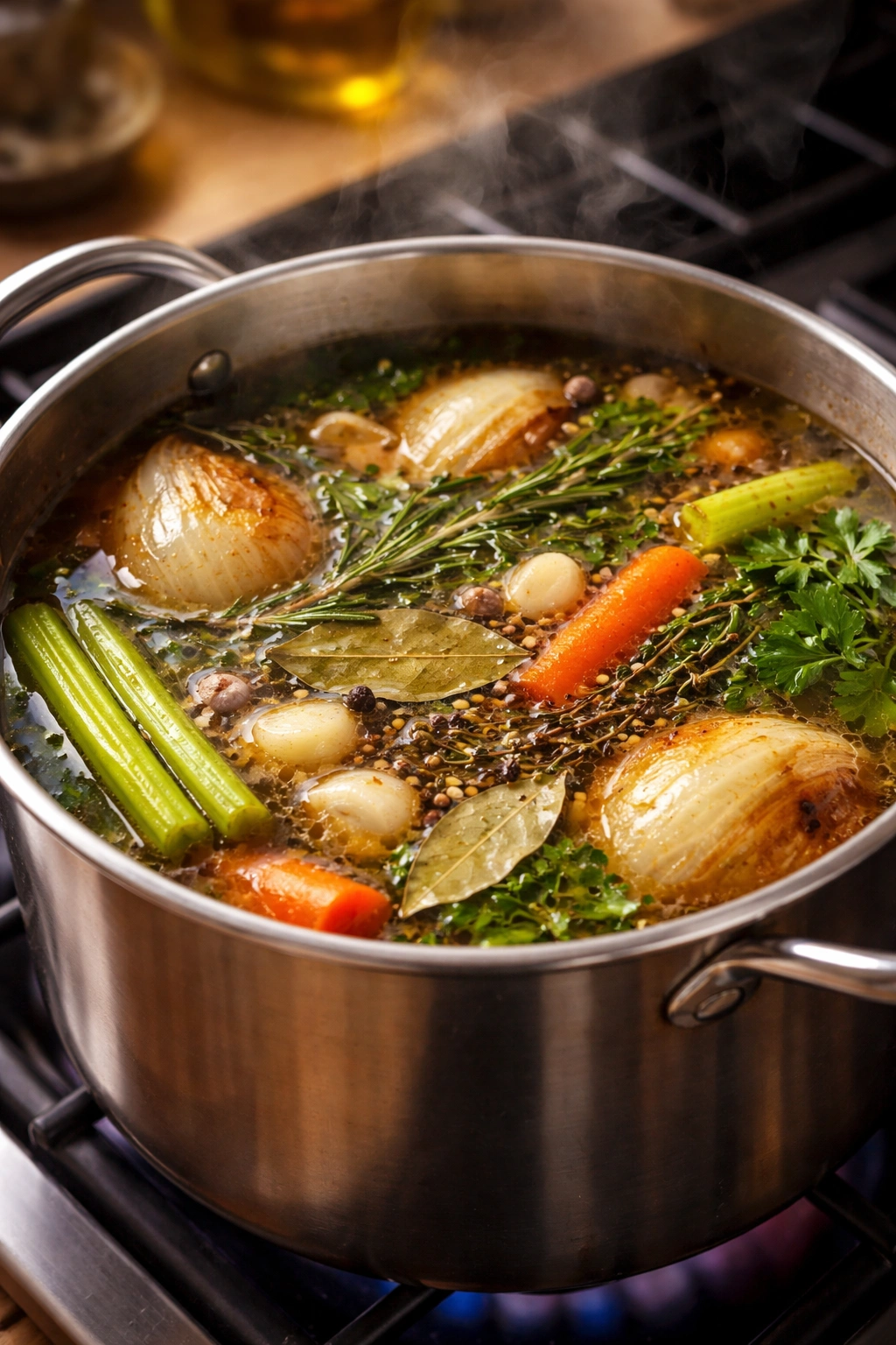 Simmering broth with aromatics including onion, garlic, peppercorns, bay leaves, carrots and celery.