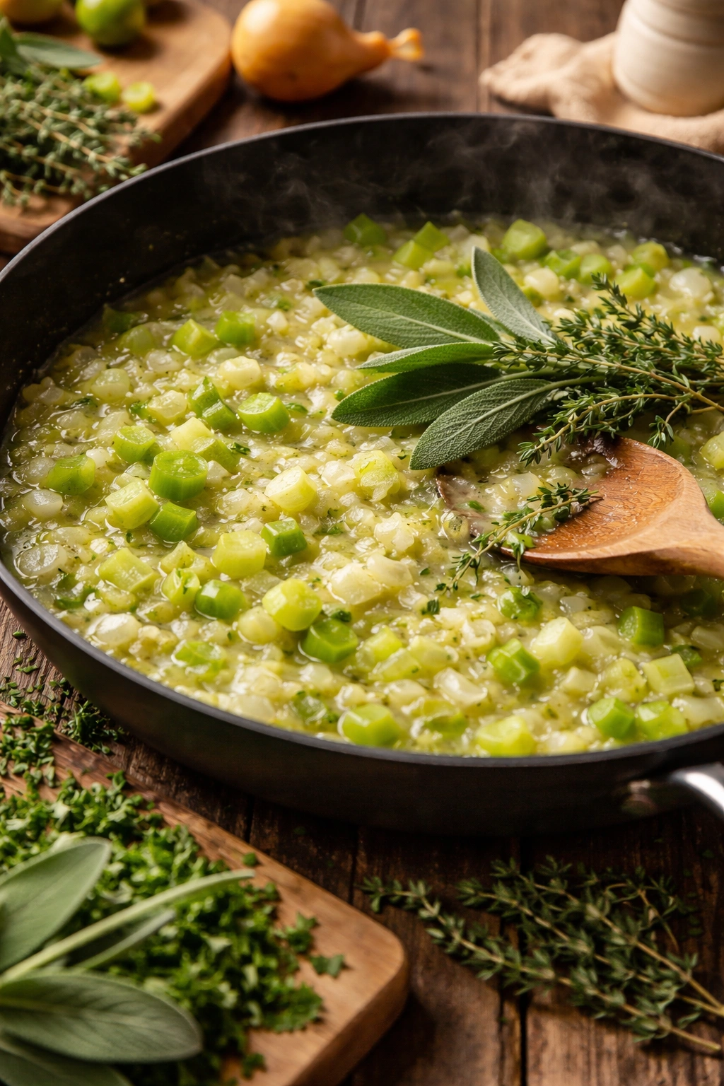 Sautéed onions and celery in butter with fresh herbs ready to flavor stuffing