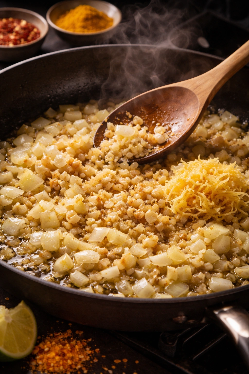 Aromatics (onion, garlic, ginger) sizzling in oil in a pan.