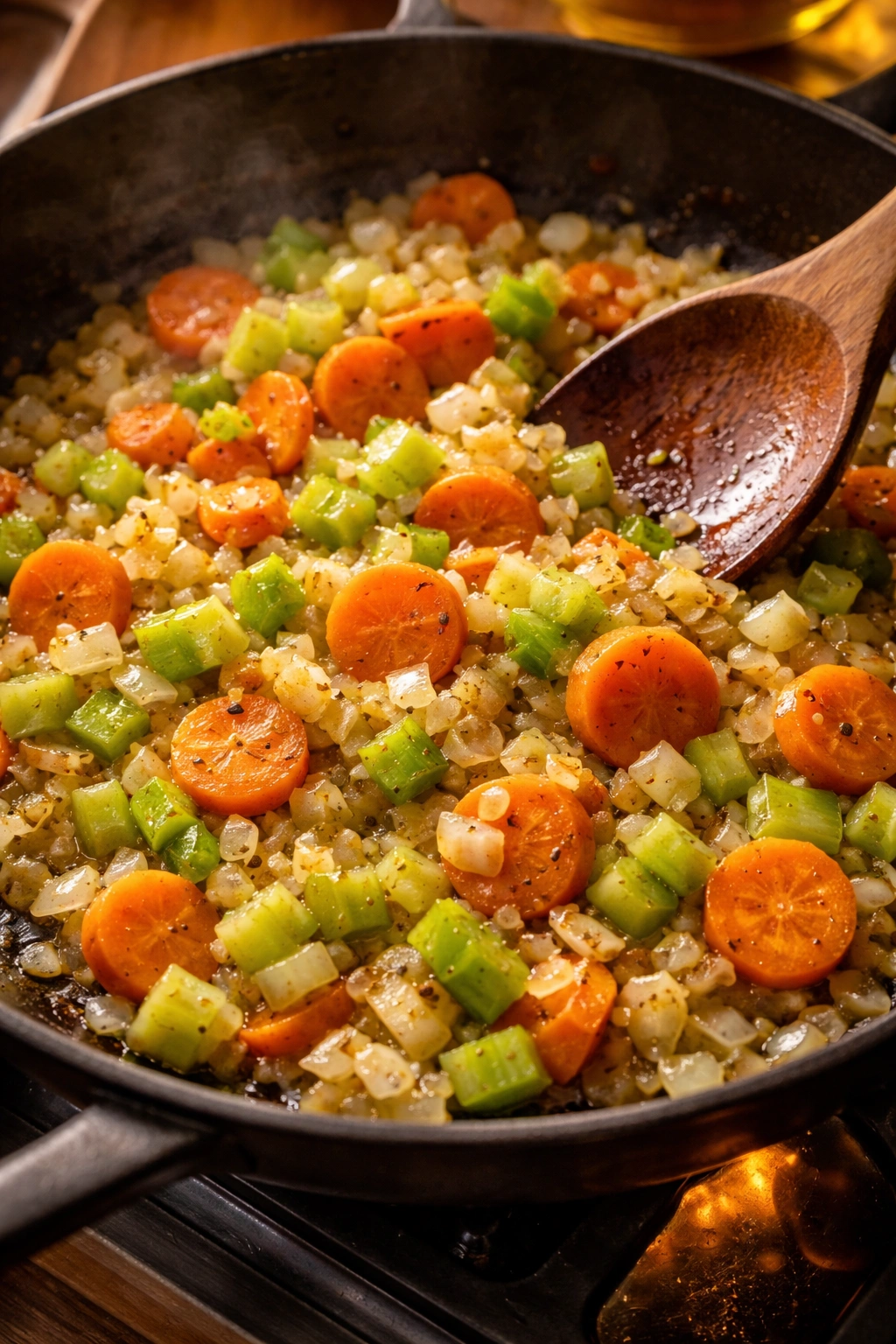 Aromatics (onion, carrot, celery) sautéing in pan