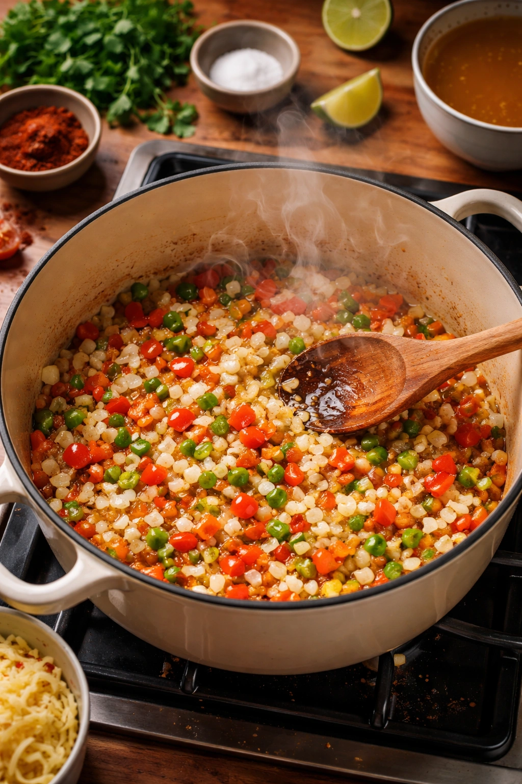 Aromatics sizzling in oil in a pot