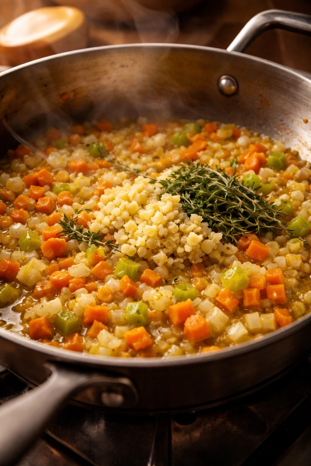 Aromatics being sautéed to form a flavor base with browning edges.