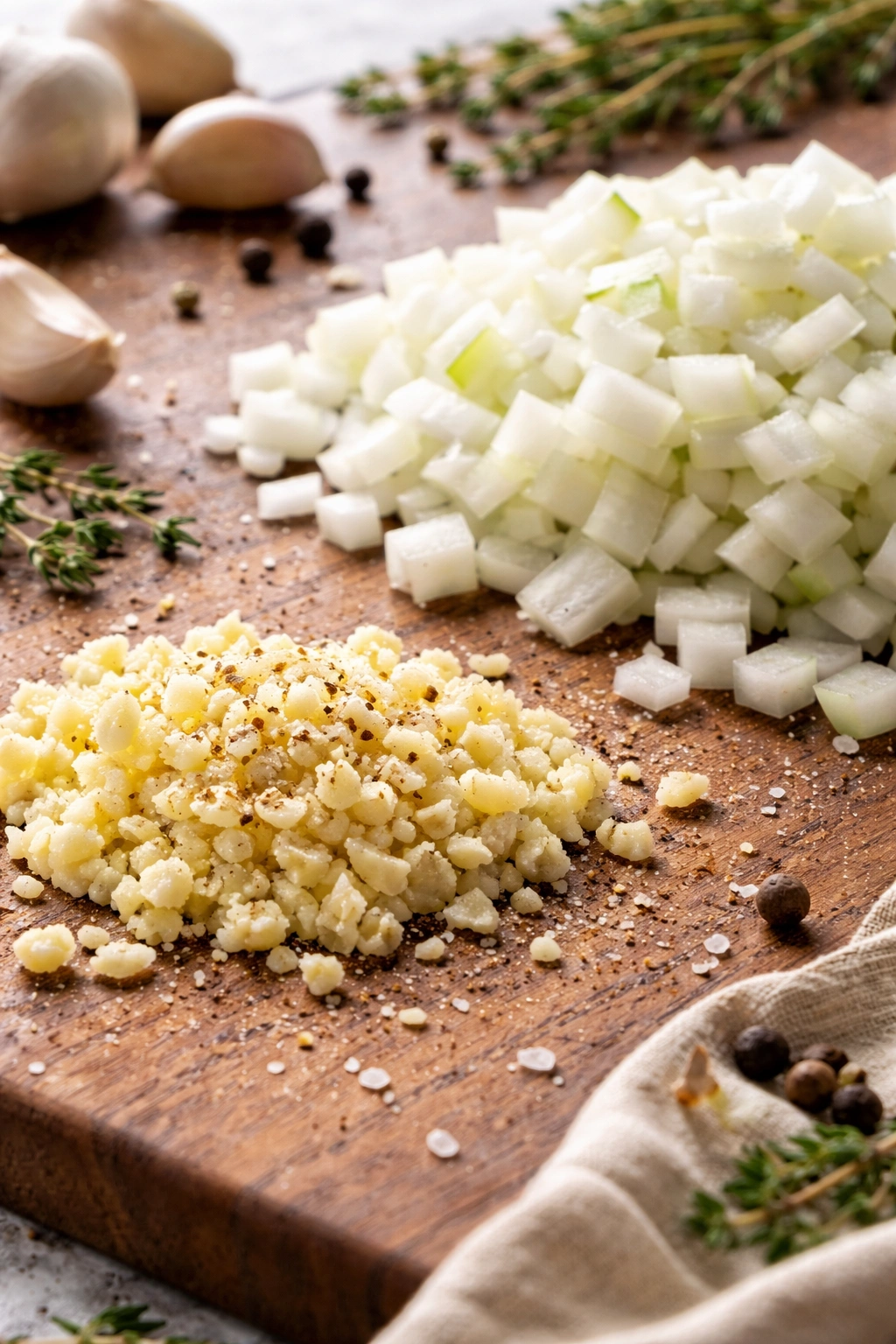 Diced onion and minced garlic close-up for flavor base