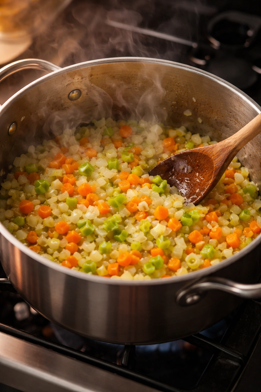 A pot with onion, carrot, and celery sweating in oil