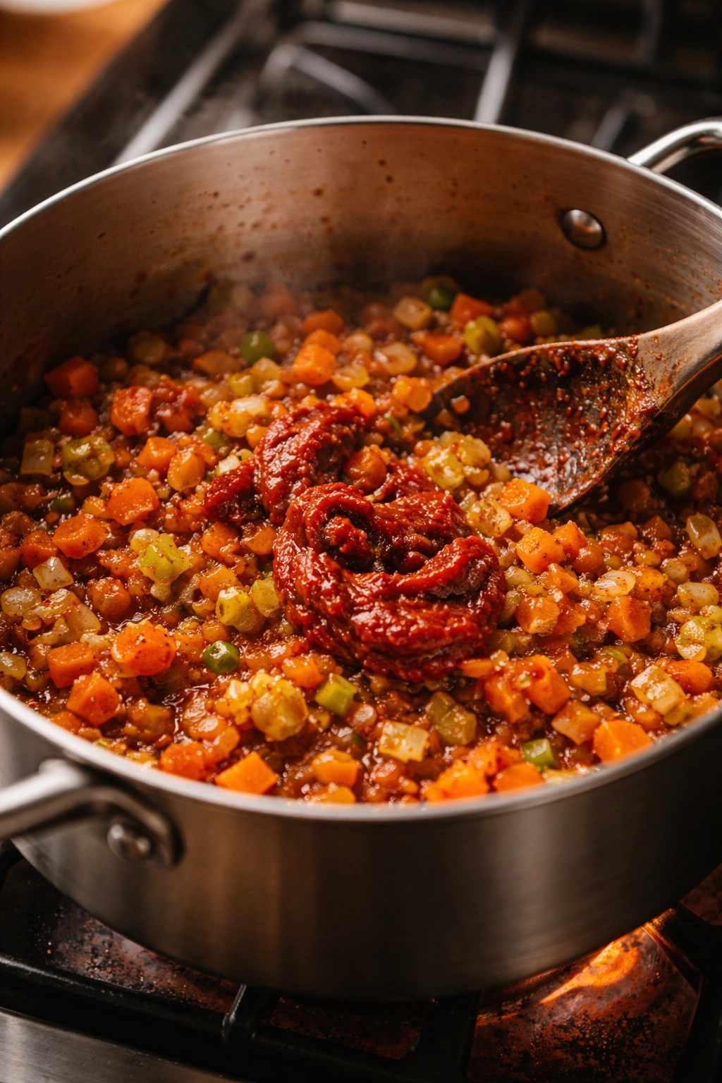 Aromatics (onions, carrots, celery) with tomato paste in a pan