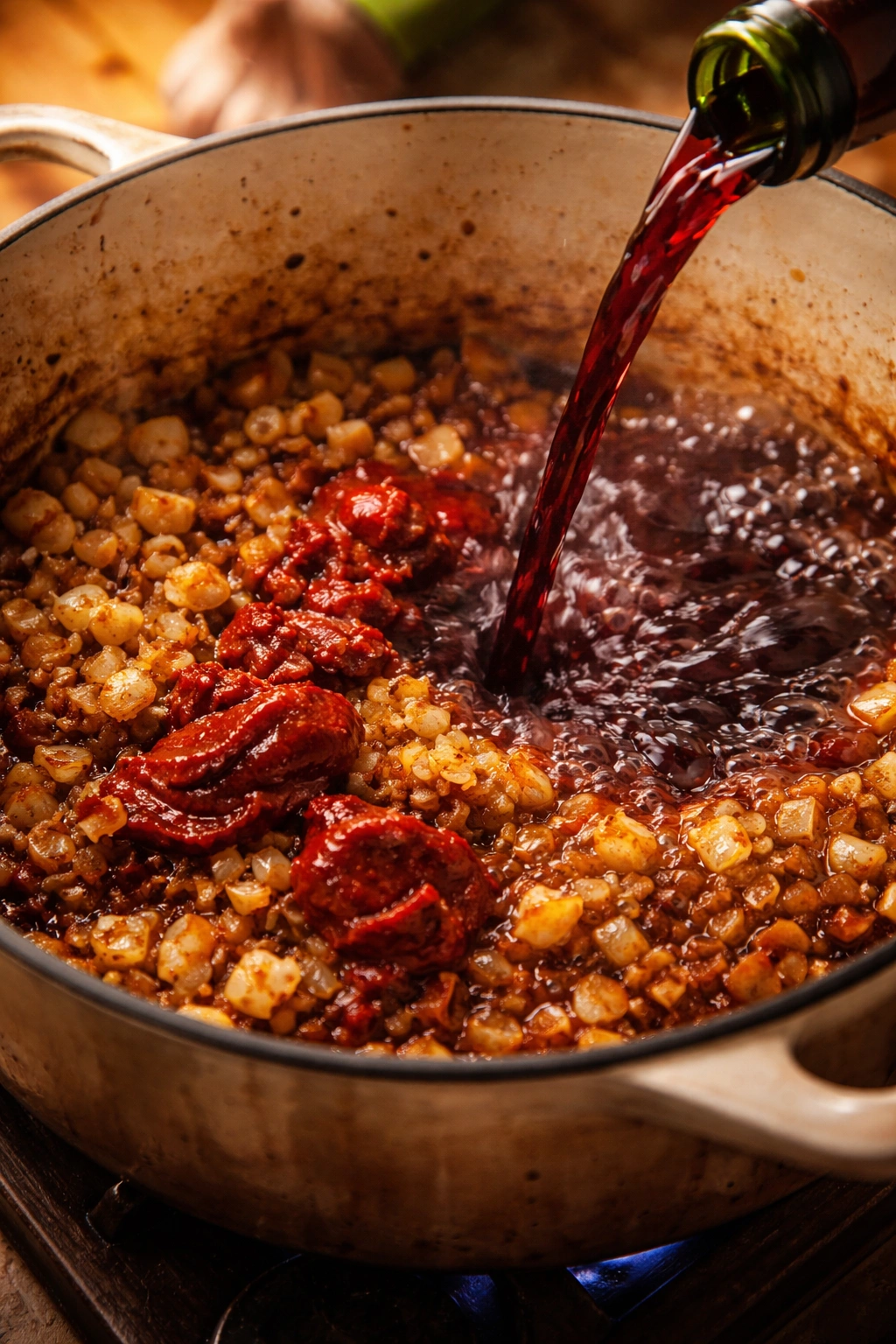 Onions and garlic browning with tomato paste and wine in a pot